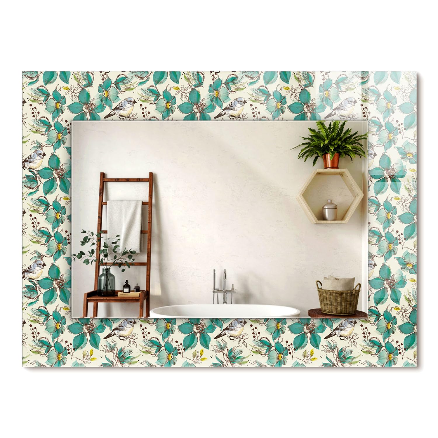 Miroir de salon design chic cadre en verre graphique fleurs oiseaux moderne 80x60 cm
