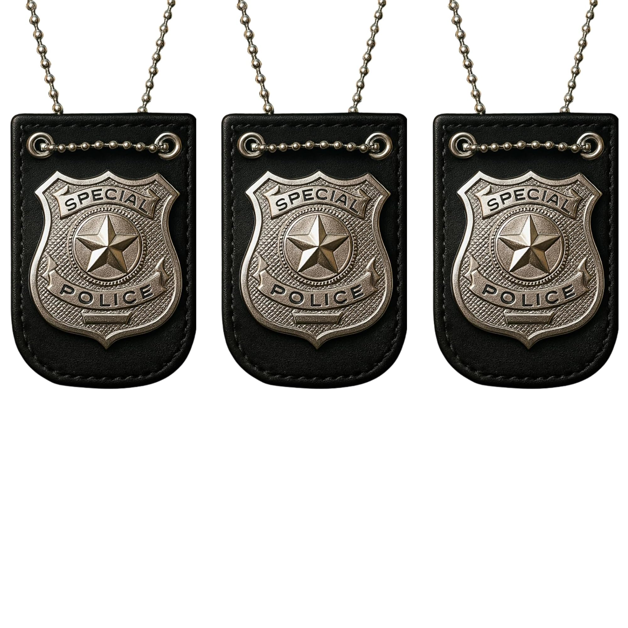 FUN FABLES Adult Silver Star Police Badge Necklace with Chain – Police Officer Costume Accessory for Fancy Dress, SWAT, Detective, Halloween, Cosplay & Party Props (3)