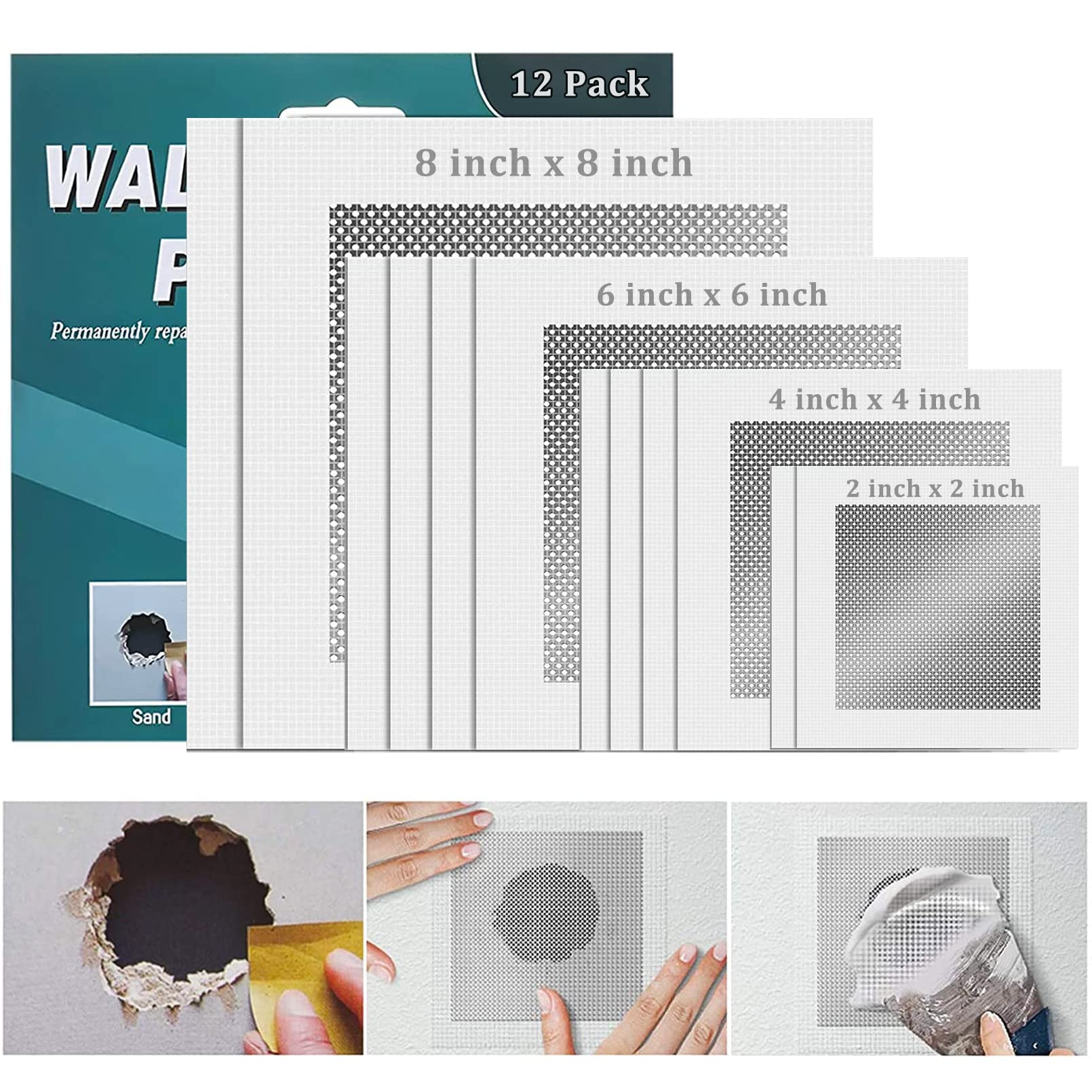 Drywall Repair Patch, Include 2",4",6",8" 4Size Self Adhesive Fiberglass Aluminum Metal Wall Repair Patch kit for Solution Various Wall Hole Problems, with Scraper and Sandpapers (12 PCS)