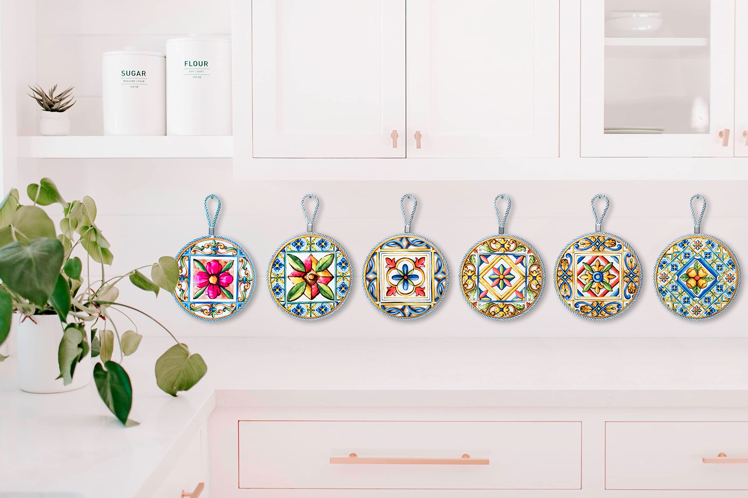 Moorg Piatto Ceramica Decorato da Appendere Set da 2, 16x16 cm, Piastrelle Siciliane Maiolica, Sughero