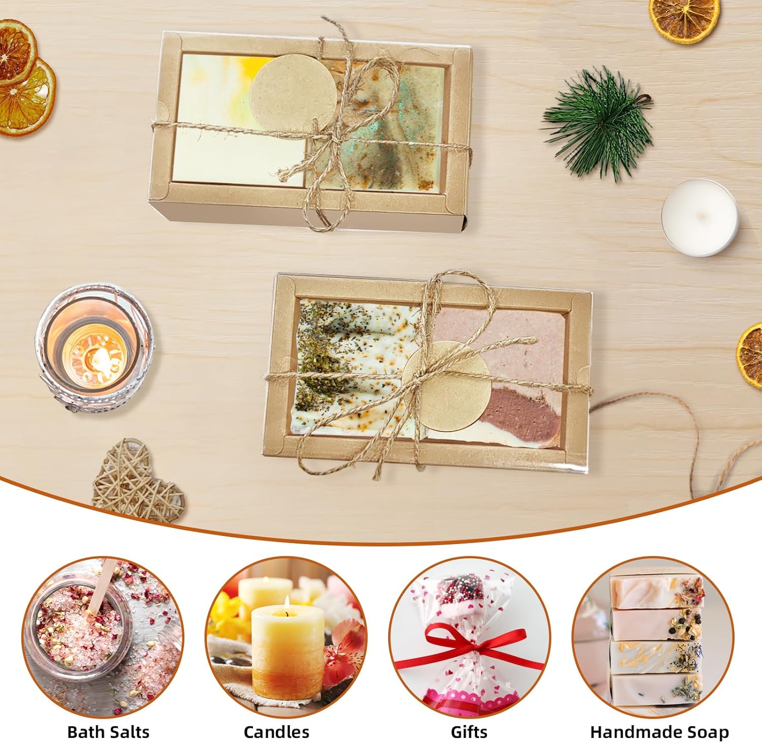 H.J. Immbir 30 Sets Kraft Gift Boxes Rectangle Kraft Paper Drawer Box with Window Homemade Soap Box with Blank Tags and Jute String for Birthday Christmas Weddings