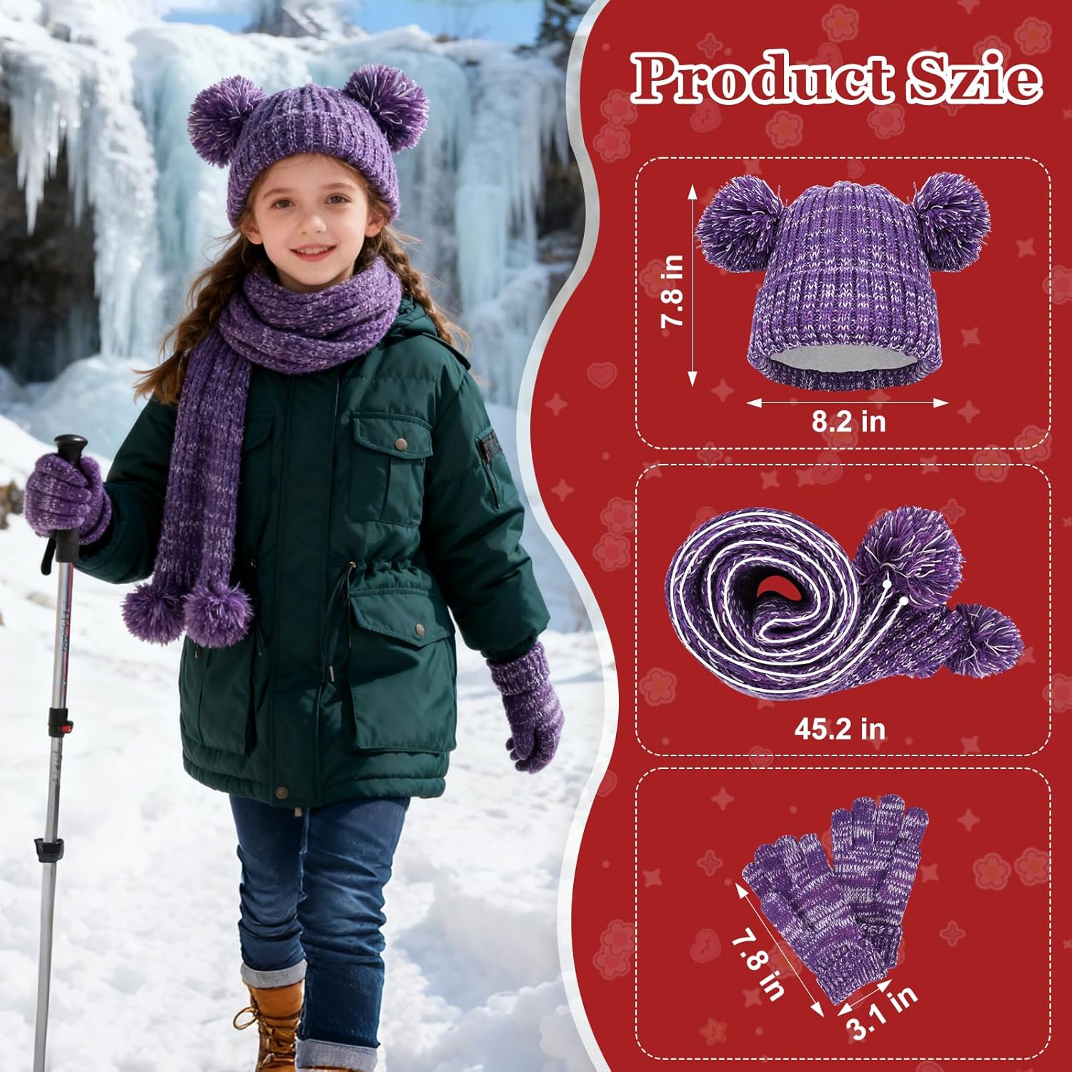 Kids Winter Gloves Hat Scarf for Girls,Ages 3-10 Kids Christmas Gifts,8 7 6 Years Old Girl Wool Beanie Gloves Hat Scarf - Image 5