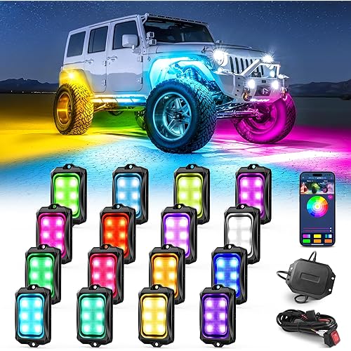 MICTUNING C2+ RGB+IC Rock Lights - 16 Pods Dynamic Chasing Color Underglow Neon Kit, Extensible to 24 Pods, Bluetooth APP Control & IP68 Waterproof, for Trucks Cars ATV UTV Golf Cart (2 Year Warranty)