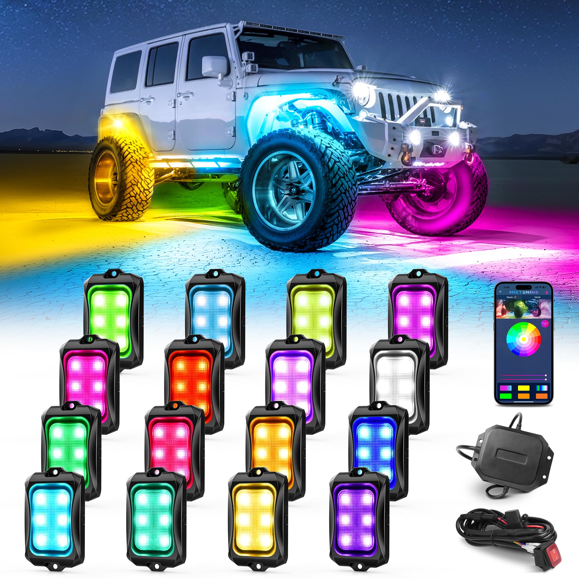 MICTUNING 16 Pods RGB+IC Rock Light Kit | Chasing Color Dynamic Lighting Modes | for Trucks Jeep UTV ATV RV Boat SUV| Extendable to 24 Pods | APP Control | IP68 Waterproof