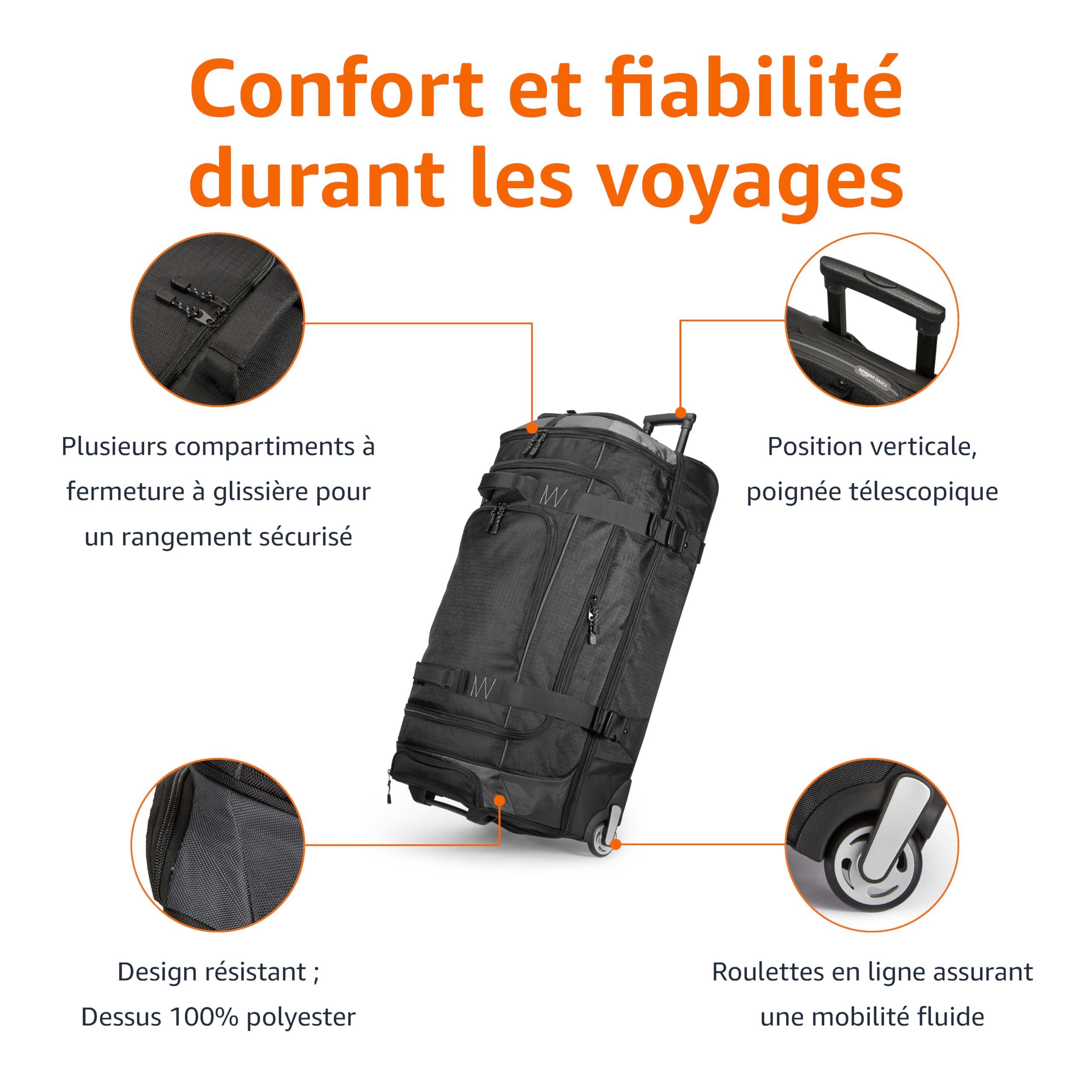 Amazon Basics Sac de Voyage à Roulettes Grand (89 cm, 137 litres),Léger et Durable en Tissu Indéchirable,Grande Capacité avec Manche Télescopique, Idéal pour les Voyages,le Travail et les Loisirs,Noir