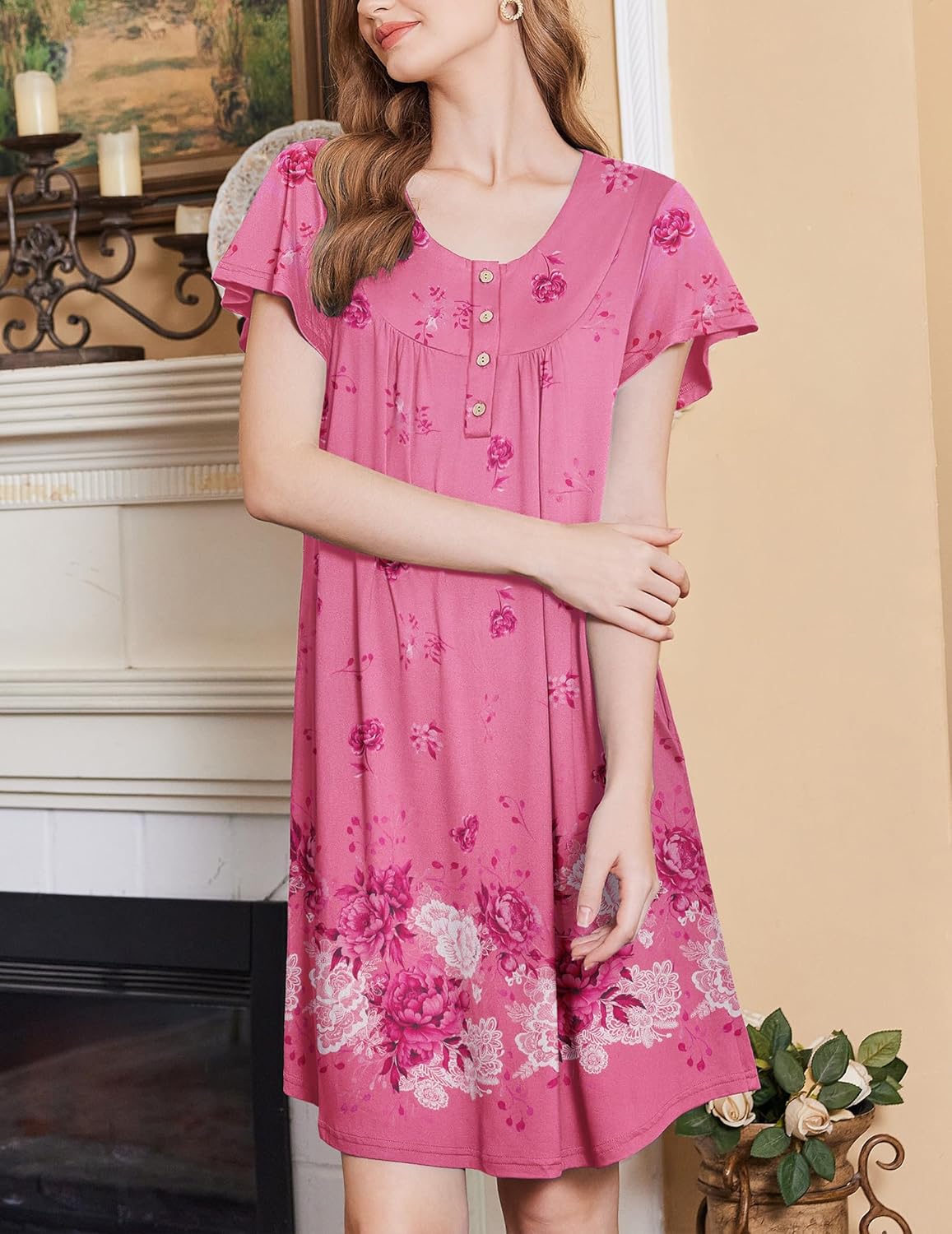 Ekouaer Nightgowns for Women Short Sleeve House Dress with Pockets Floral Print Mumu Dress - Image 3