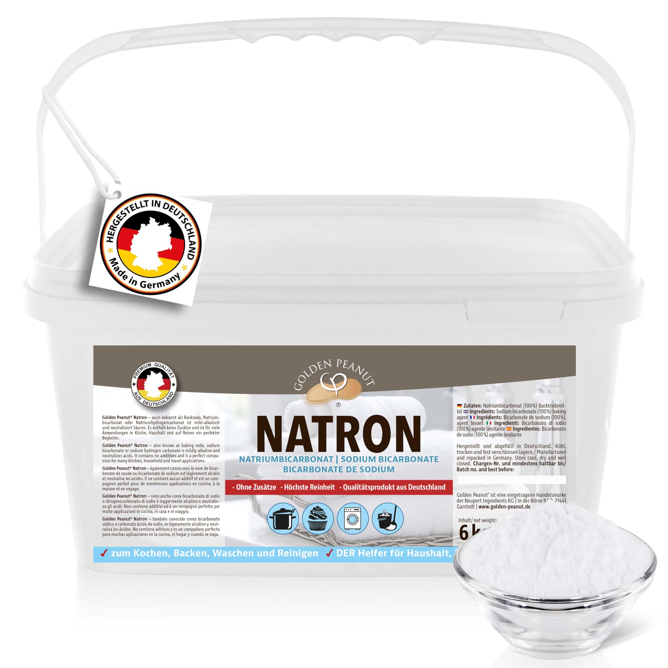 GOLDEN PEANUT Natron Pulver 6 kg, Premium Natriumhydrogencarbonat, Backsoda, Backpulver, Wasch-Soda, hochreine Lebensmittelqualität aus Deutschland