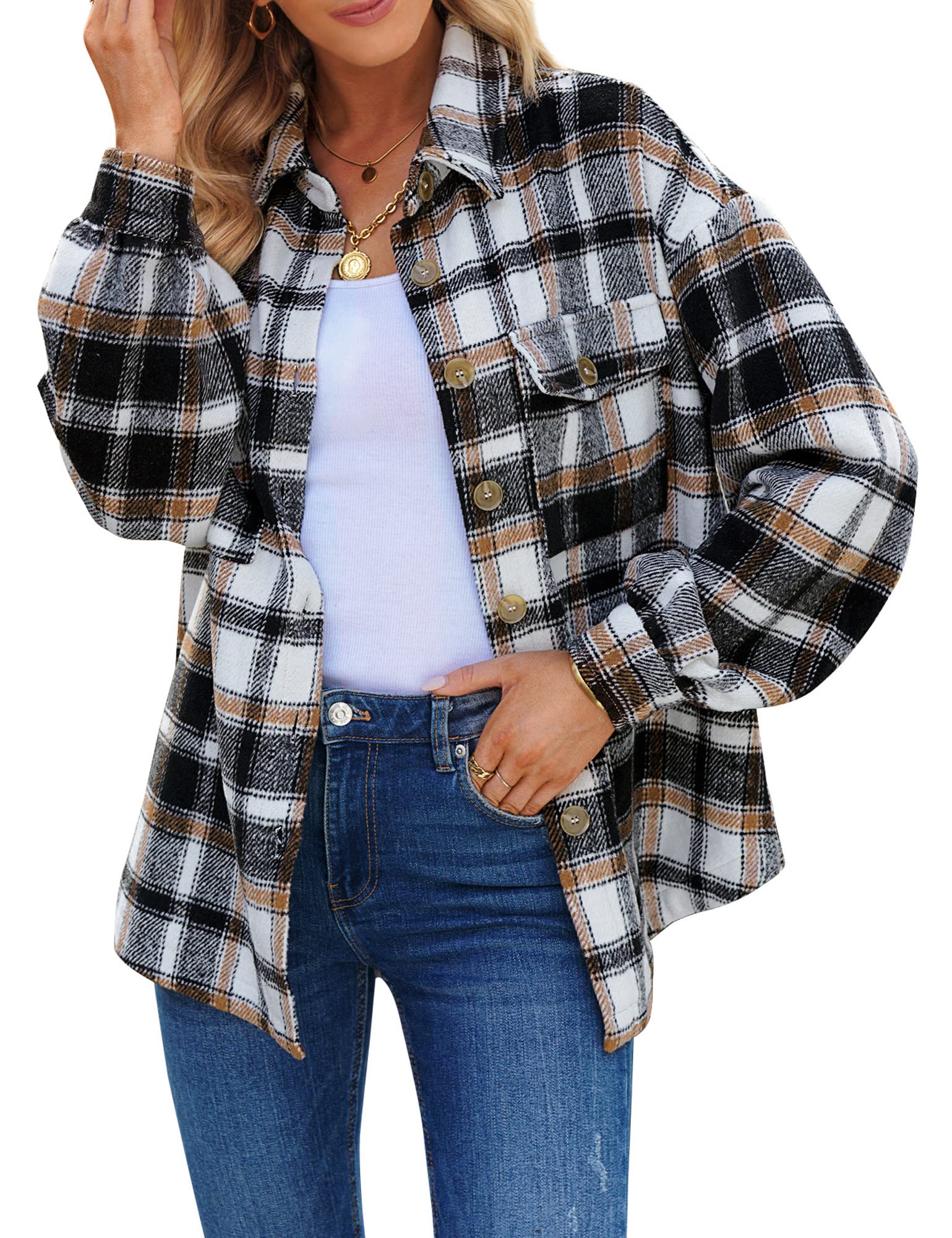 Photo 1 of GRAPENT Womens Shacket Jacket Oversized Plaid Flannel Button Down Shirt Jackets Long Sleeve Coats XX-Large Black & Brown Plaid