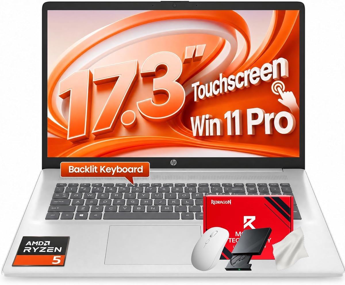 Portátil HP con pantalla táctil 17.3 AMD Ryzen 5 7430U 32GB RAM 1TB SSD Win 11 Pro | Pantalla táctil 17.3 HD+, teclado retroiluminado, conectividad Wi-Fi 6, cámara de privacidad, tecnología de carga rápida, Windows 11 Pro