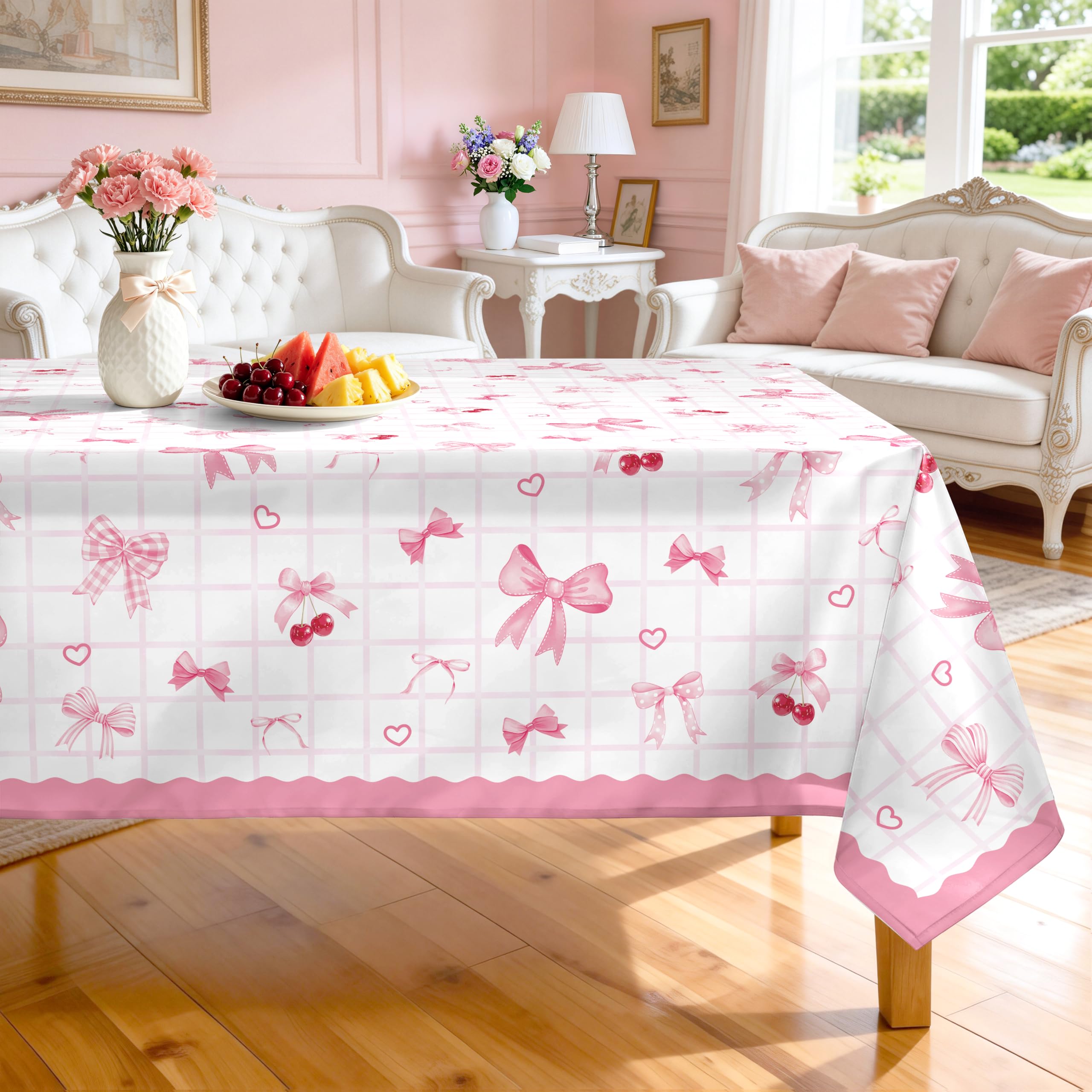 Arquiel Watercolor Pink Bow Polyester Table Cloth Washable Girls Birthday Party Tablecloth Rectangle, 140 x 180 cm, Decorative Table Cover for Girls Birthday Parties, Wedding, Party Supplies