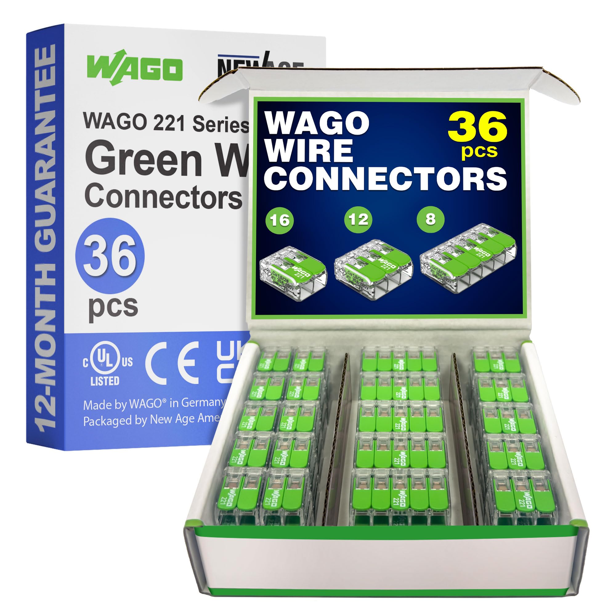 WAGO 221 Series Green Range 36pc Compact Splicing Wire Connectors