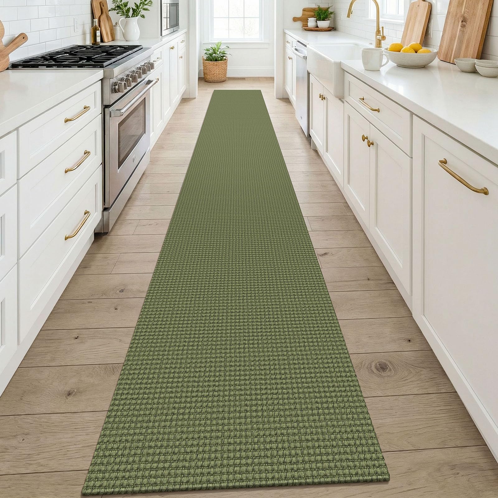KOZYFLY Cotton 2x14 Runners Rugs for Hallway, Long Washable Runner Rug, Woven Non Slip Kitchen Runner, Flatweave Entryway Rug, Floor Carpet for Entry, Aisle, Hall, Olive Green/Earthy Green — image 1