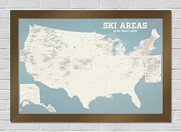 US Ski Resorts 24x36 Poster Beige & Opal Blue | Bronze Frame