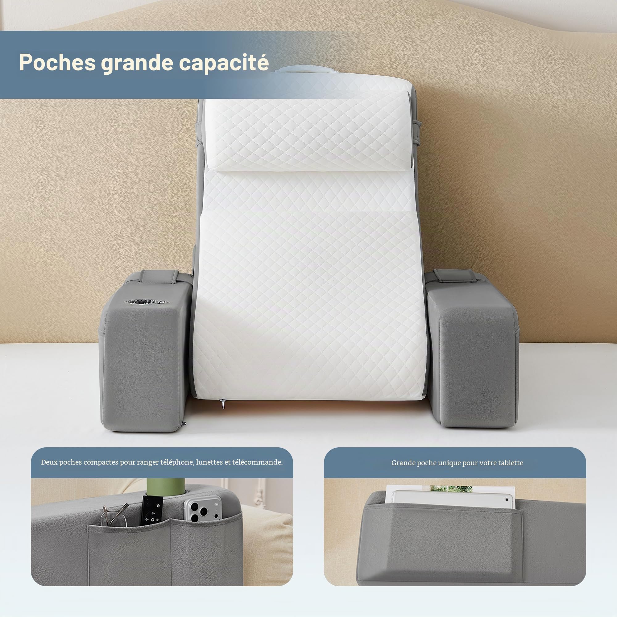 Lot de 5 coussins de lecture pour lit et canapé, coussin de livre avec traversin et accoudoirs amovibles, coussin de dossier de lit, coussin mural multifonction pour lire, travailler, lit