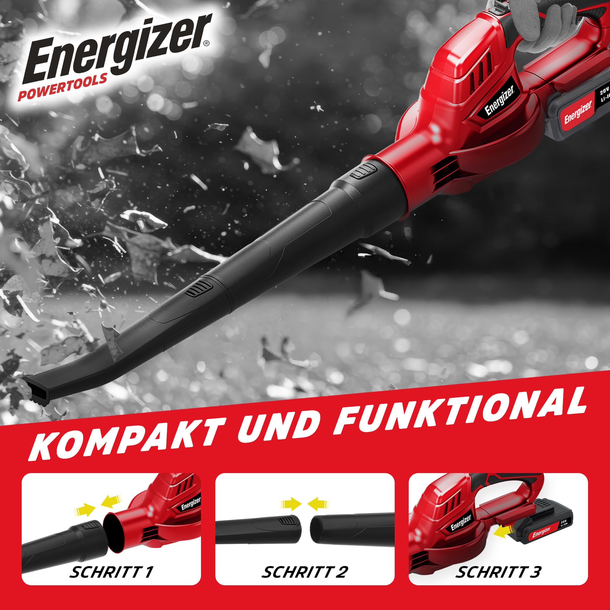 Energizer - Soplador de Hojas inalámbrico de 20 V (Pilas Incluidas) – Motor 13000 RPM – Velocidad de soplado 210 km/h – Ligero 1,2 kg – Ergonómico y Potente – para Hojas, Polvo, escombros y Otros