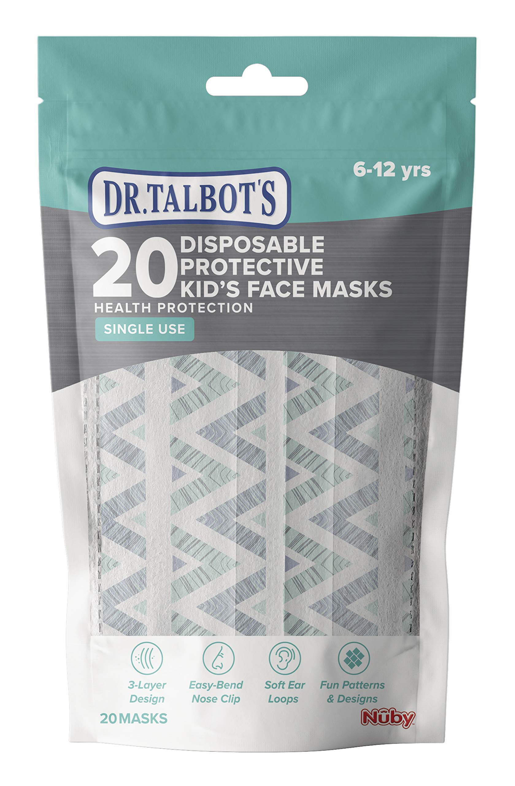 Nuby 20 Disposable Protective Kid's Face Masks, 6-12 Years, Multi - Prints May Vary