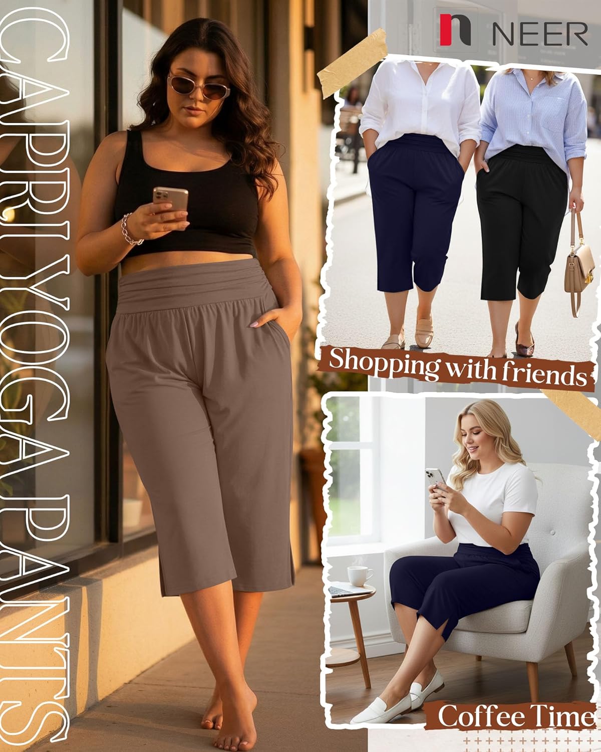 Neer 3 Pack Women's Plus Size Cotton Capri Pants High Waisted Wide Leg Loose Lounge Yoga Cropped Sweatpants with Pockets - Image 4