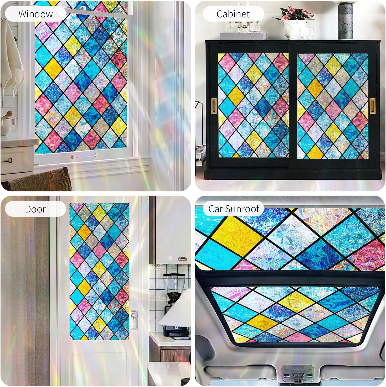 Rainbow Privacy Window Film Stained Glass Decorative Blue Lattice Pattern Suncatcher Iridescent Window Cling for Glass Door with Tool, Rainbow Prism, 22.83" x 78.74"