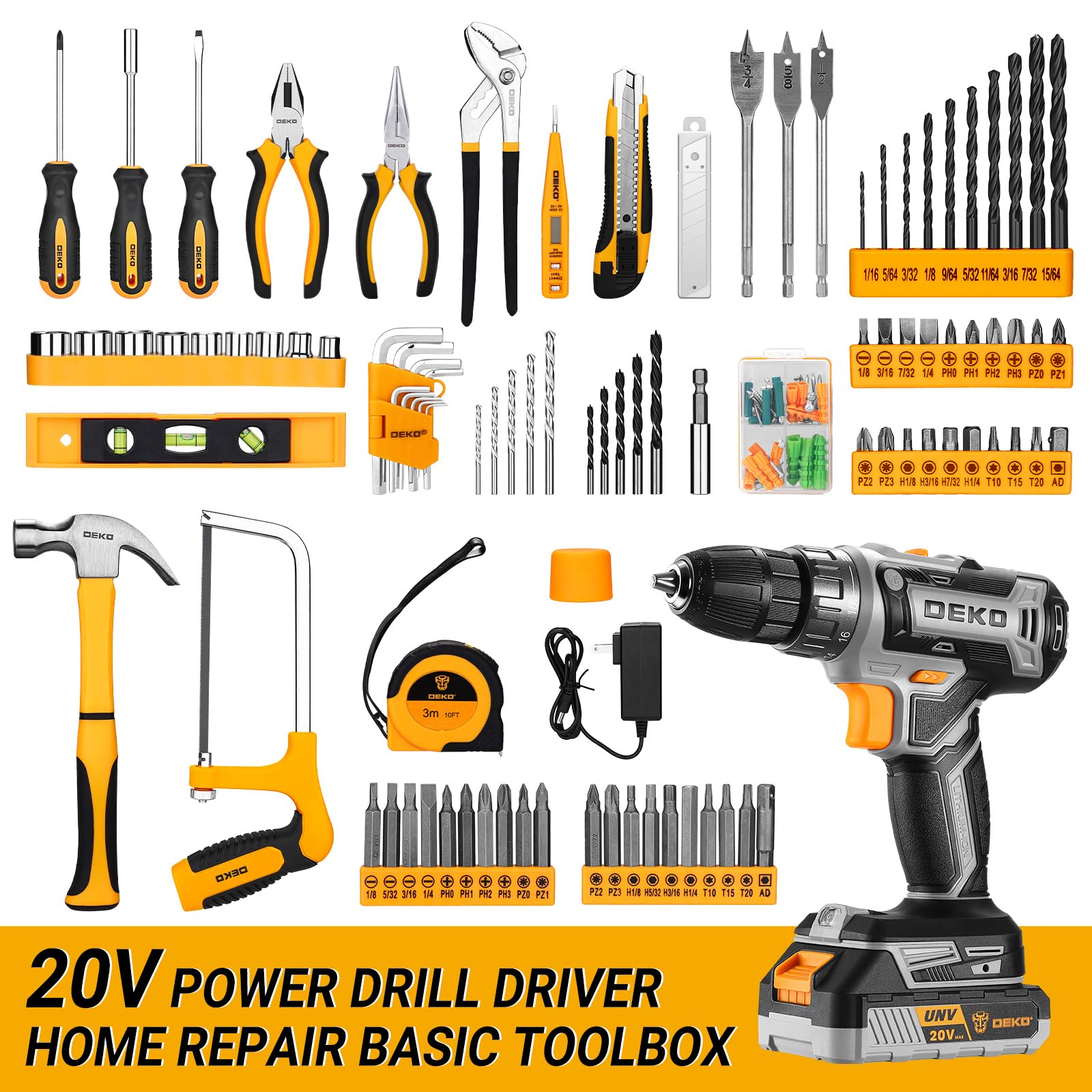 DEKO Cassetta Attrezzi Completa con Trapano Avvitatore Batteria 20V, 186 Pezzi, Set Completo di Punte
