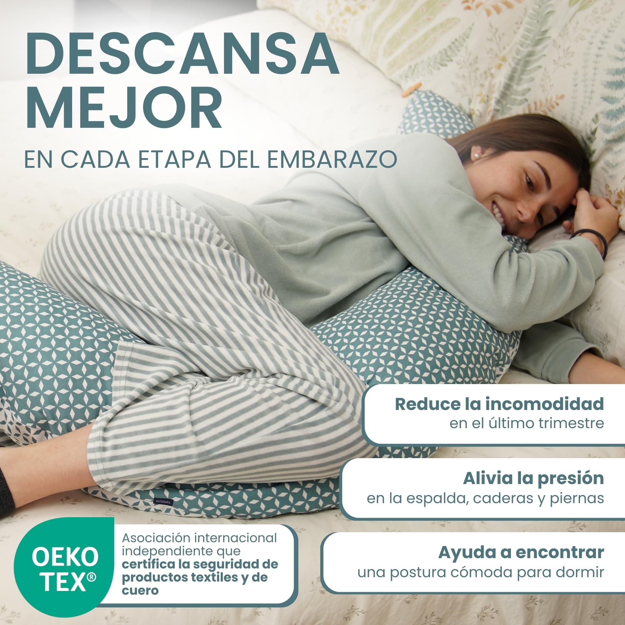 MATERNIKA Almohada Embarazada y cojin de Lactancia-XL Oeko-Tex. Multifunción 3 en 1 para Dormir, para la Lactancia y como Nido Bebe - Relleno de Espuma viscoelástica - Incluye Muselina para Bebe.