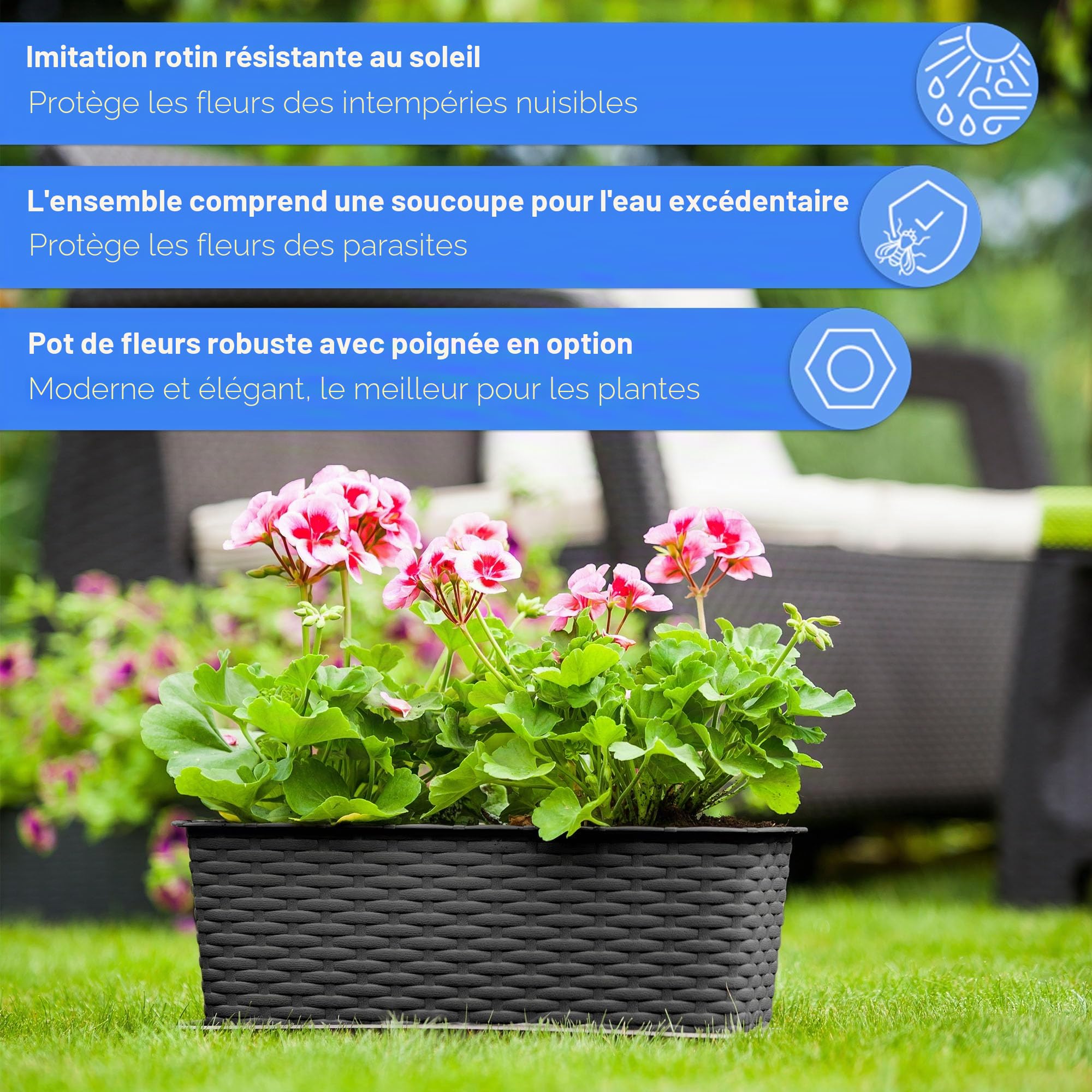 KADAX jardinière Lezucha 40 cm avec Soucoupe - Anthracite Plastique Aspect rotin - pour Balcon - Soucoupe récupératrice et Trous de Drainage Anti-débordement pour l’arrosage