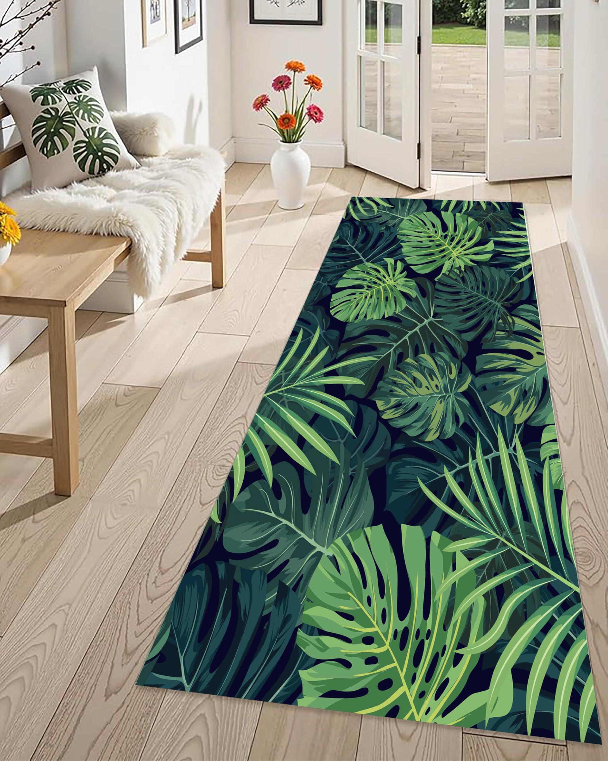 Leaf Runners for Hallways,60x180cm, Tropical Plants Monstera Kitchen Runner Rugs Washable Non-Slip Laundry Room Rug Entryway, Throw Rug Palm Leaves Print Carpet for Bedroom Bathroom Living Room
