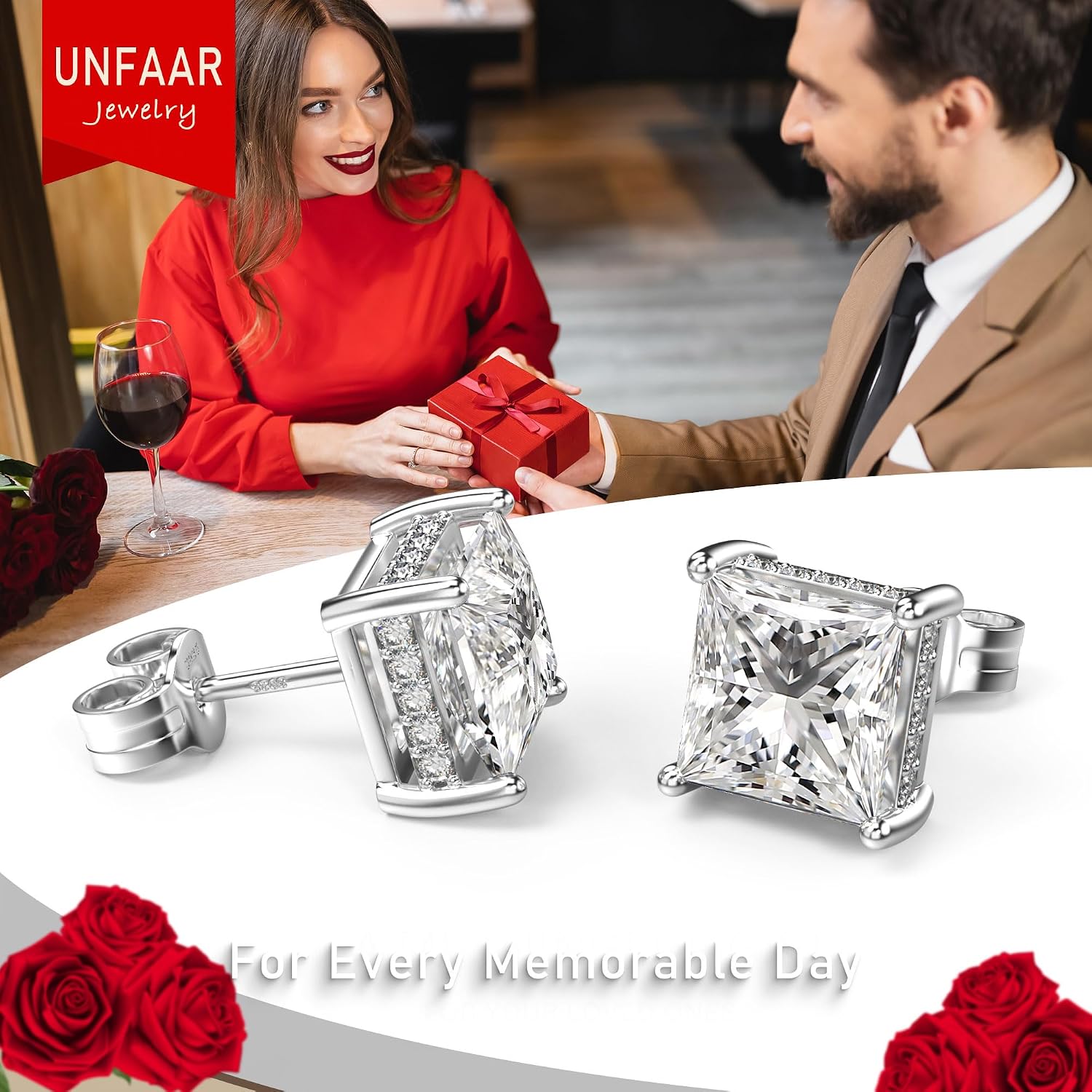18K White Gold Plated Sterling Silver Princess Cut Cubic Zirconia Stud Earrings Square CZ Diamond Stud Earrings for Women Men Hypoallergenic