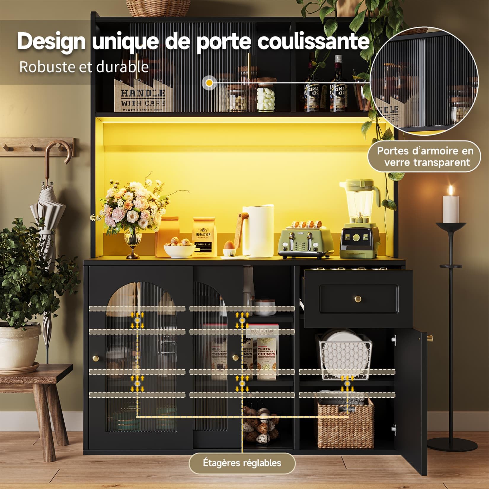 PUGSDRLY Buffet de Cuisine avec éclairage LED,Vitrine,Meuble de Rangement avec étagères réglables et Porte coulissante en Verre,Buffet Haut pour Cuisine,Salon et Salles à Manger,120x35x167cm (Noir-C)
