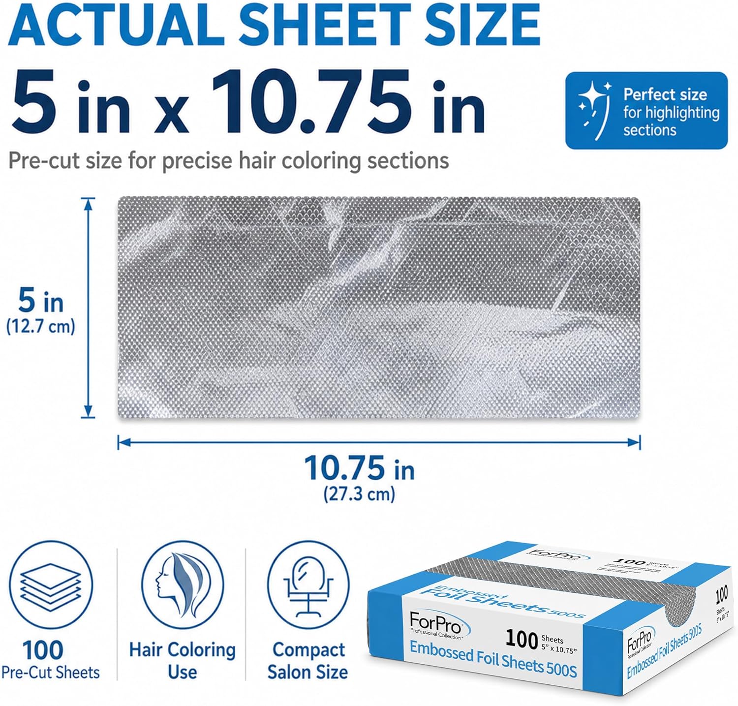 ForPro Professional Embossed Pop-Up Hair Foil Sheets for Salon Hair Color & Highlights, Pre-Cut Aluminum Foils, Non-Slip Embossed Texture, 5" W x 10.75" L, 100 Count