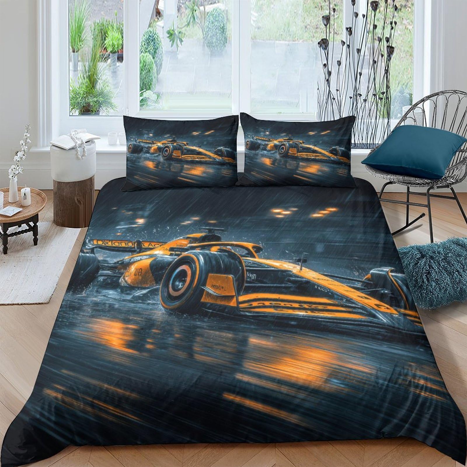 Ctjqhvkz Style-4 3D Printed Racing Car Fitted Sheet Microfiber Soft Breathable Neon Orange Bed Cover For Bedroom Dorm Mattress Decor Single（135X200cm）