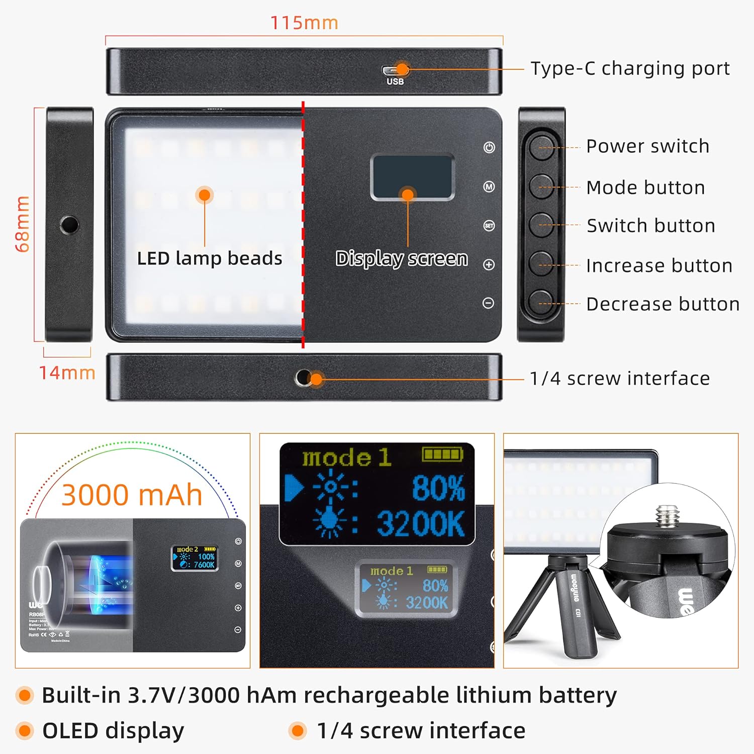 RGB LED Video Light, Portable Small LED On Camera Light with Tripod and Phone Holder, Full Color 2500-8500K Photography Lights Panel for YouTube Lighting Video Recording TikTok Vlogging