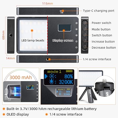 Miniatura 4 de Luz de video LED RGB, luz LED pequeña portátil en la cámara con trípode y soporte para teléfono, panel de luces de fotografía a todo color