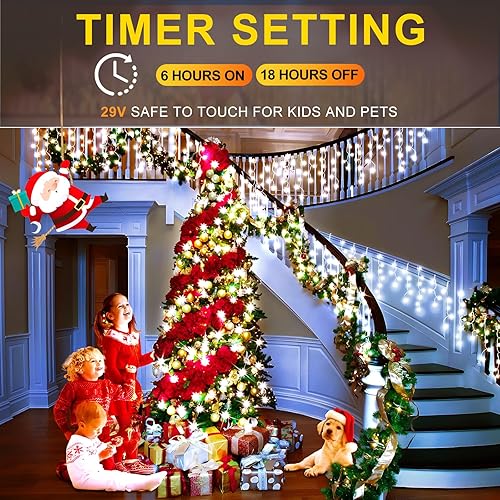 Vista 28 de KNONEW 164 pies 1600 luces LED de Navidad decoración al aire libre, temporizador blanco, 8 modos de luces colgantes con 320 gotas, enchufe en Blanco