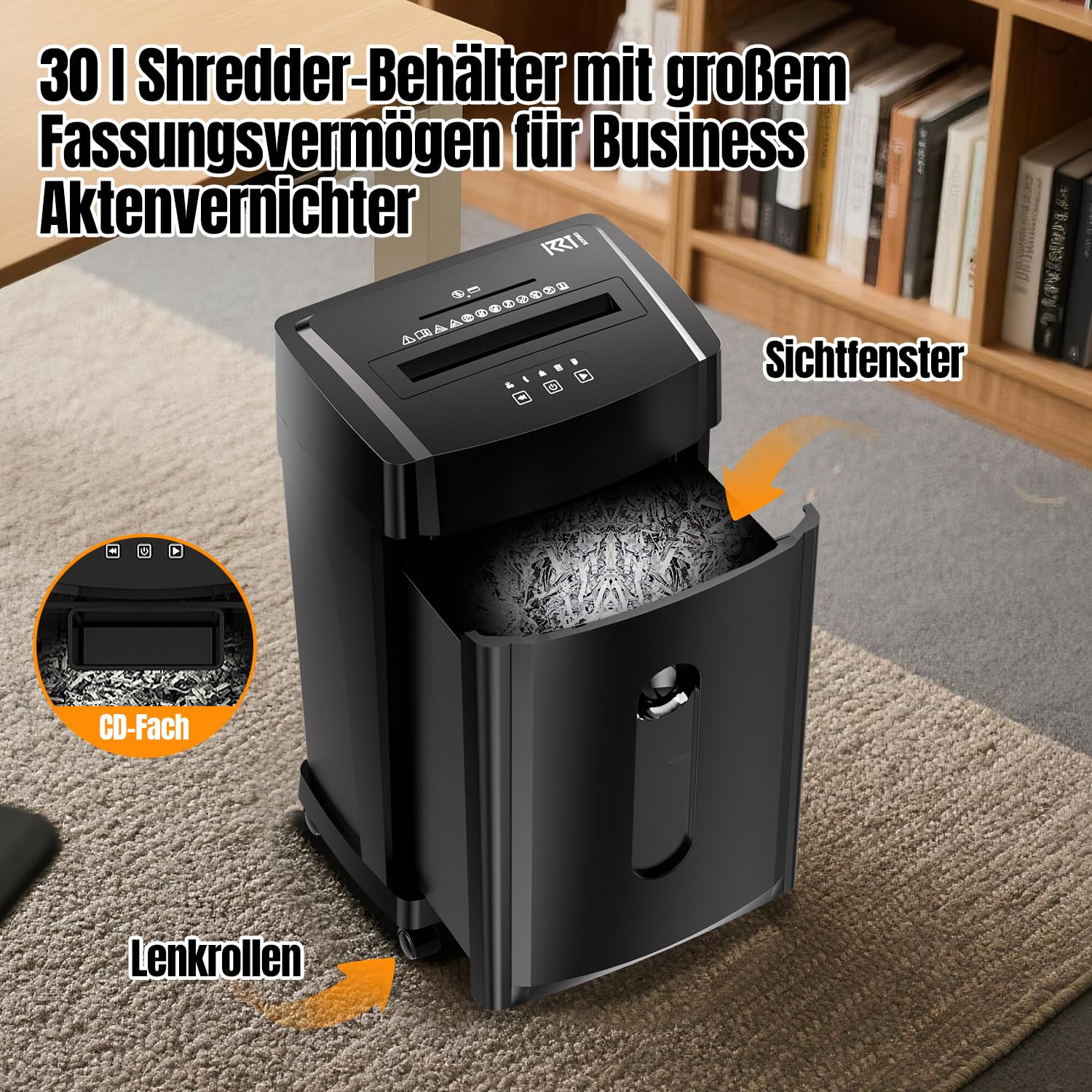 KRT Distruggidocumenti professionale – Basso rumore 38 dB – 30 min – Microtaglio P-5 – 8 fogli/1 CD – Pattumiera rimovibile da 30 litri – Anti-inceppamento – Rotoli – Per ufficio/casa