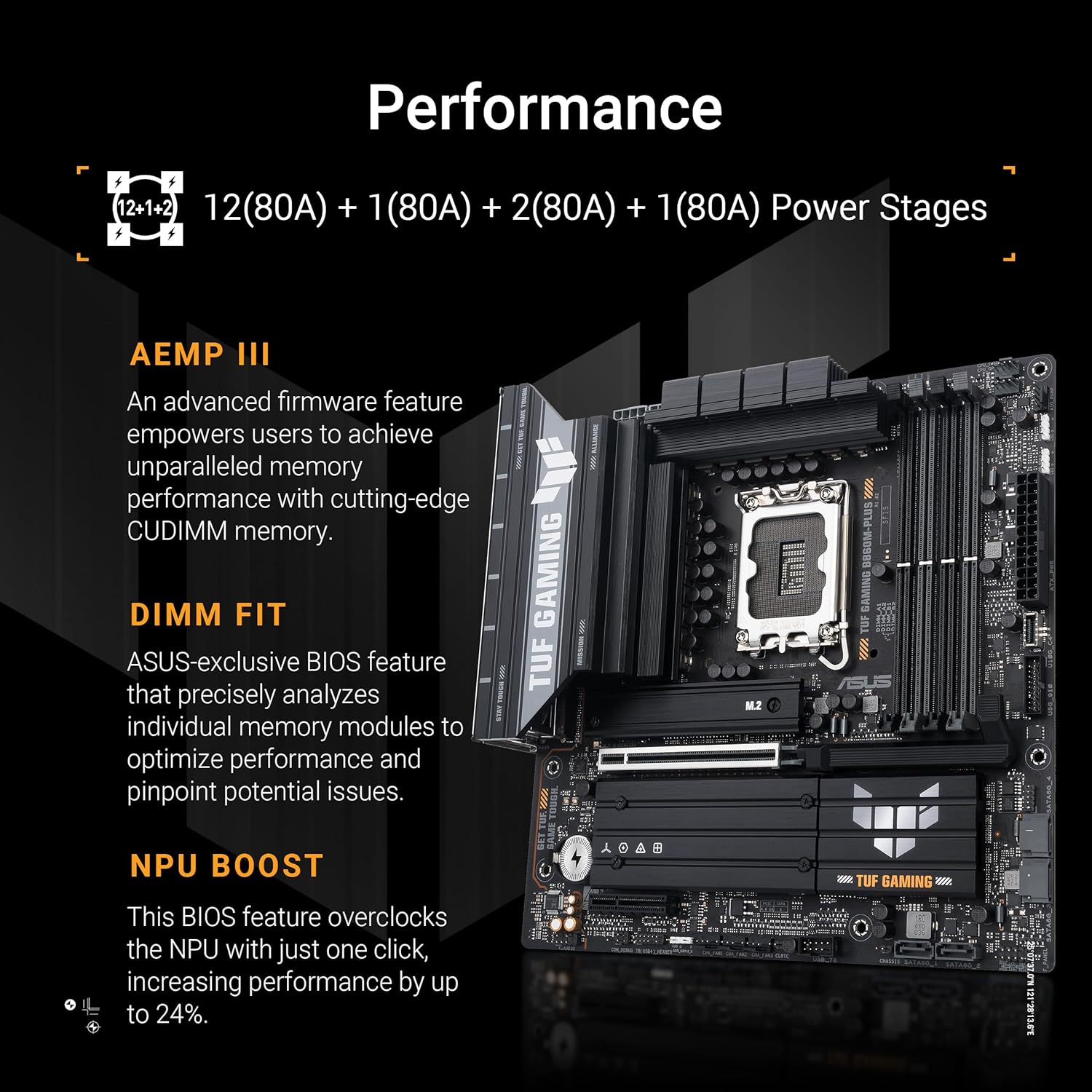 ASUS TUF Gaming B860M-PLUS Intel mATX Motherboard, 12+1+2+1 80A DrMOS Power Stages, DDR5, PCIe 5.0, 3xM.2 Slots, Realtek 2.5Gb Ethernet, DisplayPort, HDMI, USB 20Gbps Type-C with DP Alt Mode