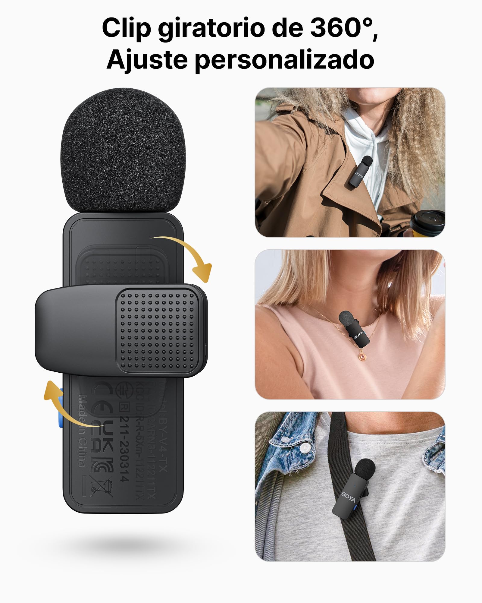 BOYA BY-V4U Micrófono de Solapa inalámbrico para iPhone 15/16 Series, Android, Tipo C con Estuche de Carga, 4 Canales, micrófono inalámbrico omnidireccional, cancelación de Ruido, 48kHz/16Bits, 200m
