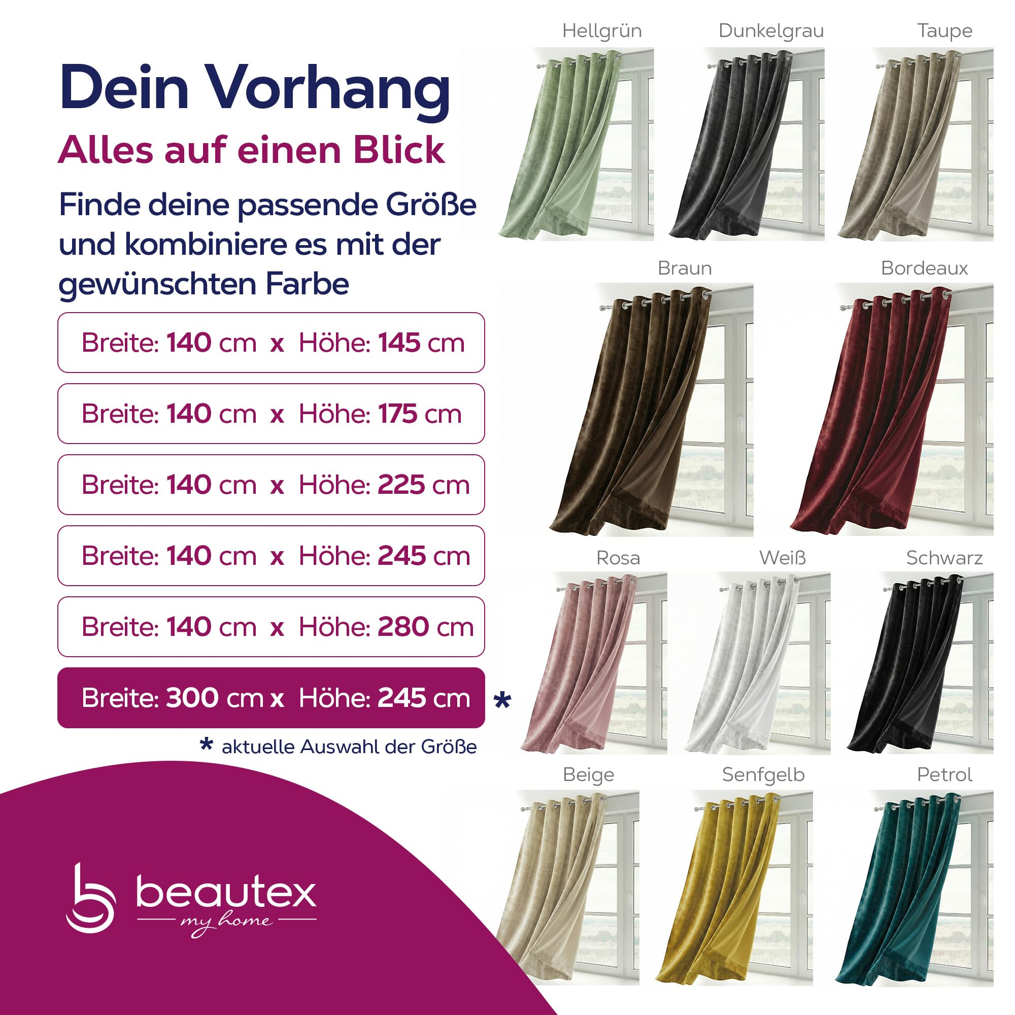 BEAUTEX Samtvorhang Ösen Hellgrün 300x245 cm Velvet Verdunkelung | Weicher Velvet-Samt, blickdicht, lichtmindernd, pflegeleicht, viele Farben und Größen