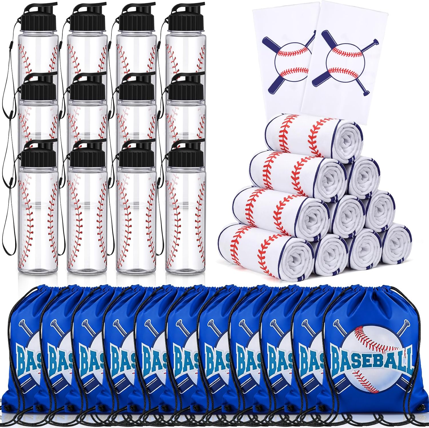 Mifoci 36 Pieces Baseball Water Bottle Cooling Towel Drawstring Backpack Set Include 12 Reusable Sports Water Bottle 12 Breathable Ice Towel 12 Sport Bags for Team Gift Bulk