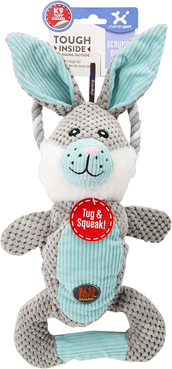 Charming Pet Scrunch Bunch Bunny Interactive Plush Squeaky Dog Tug Toy