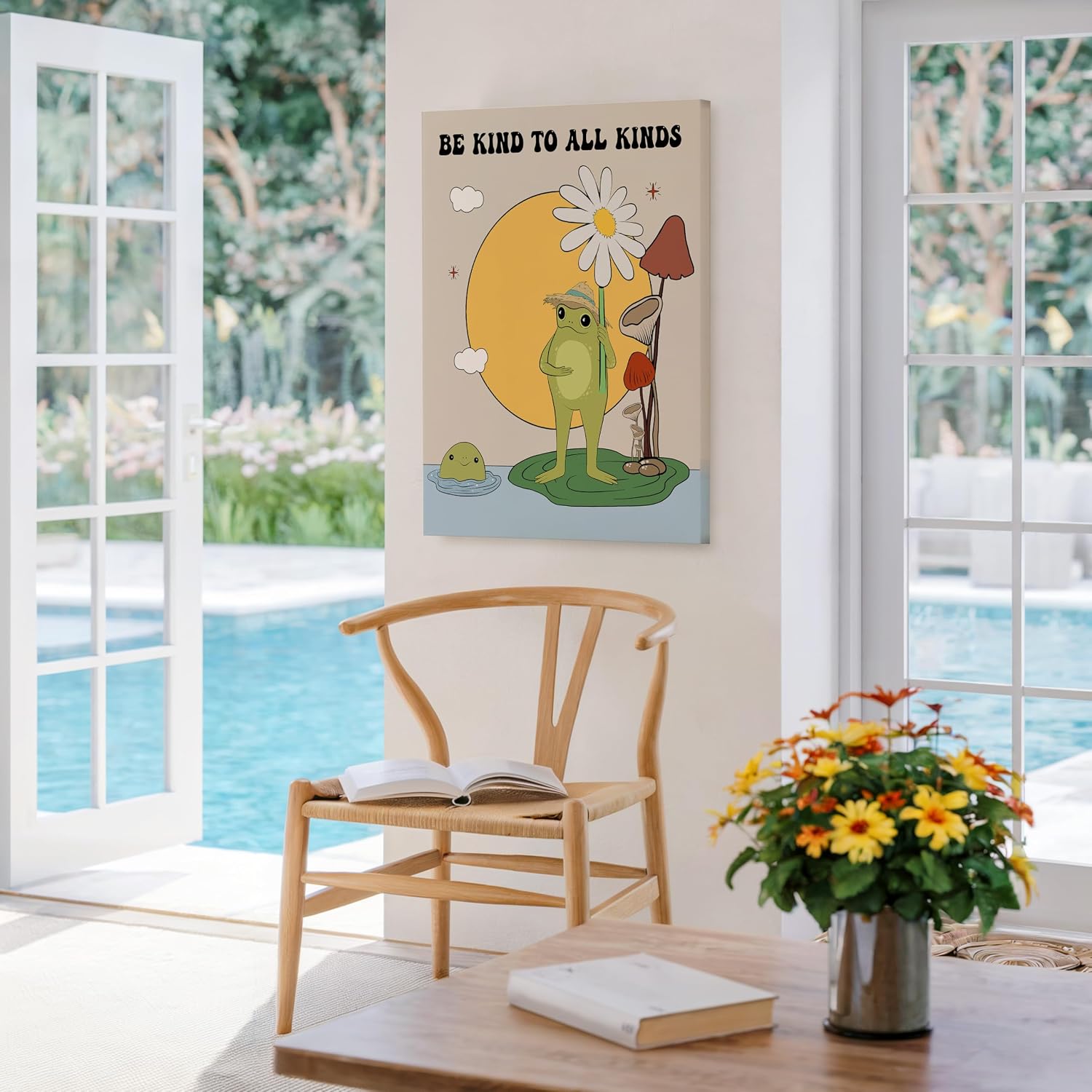 Poster Master Be Kind To All Kinds Canvas - Retro Frog Print - Kindness & Positive Quotes Art - Preppy Flower Design - Inspiring Dorm or Living Room Wall Decor - 8x10 STRETCHED Canvas