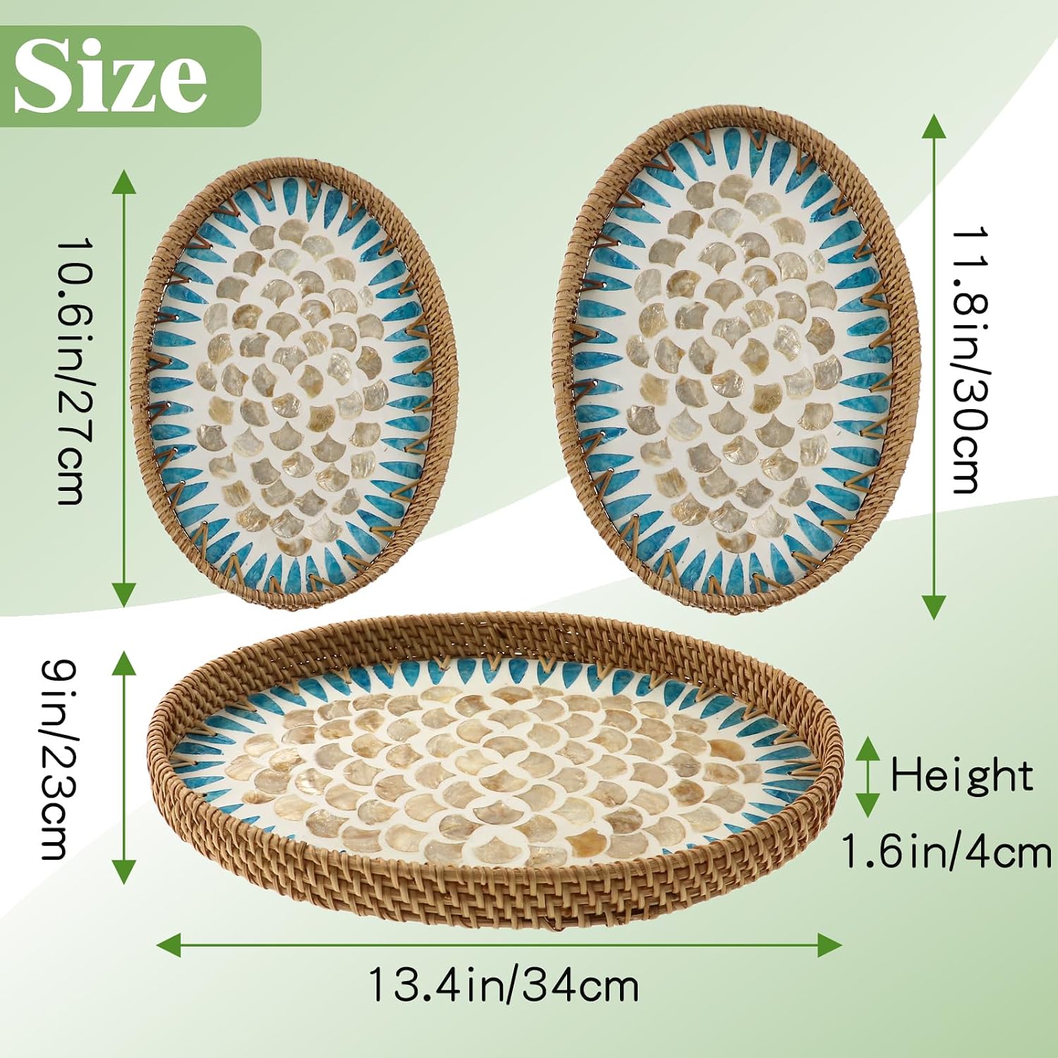 Oval Rattan Mother of Pearl Serving Tray, 3 Sizes Wicker Woven Coffee Table Tray with Wooden Base for Fruit Snack Breakfast Party Picnic Cafe Kitchen Home Decor (Blue White Scale)