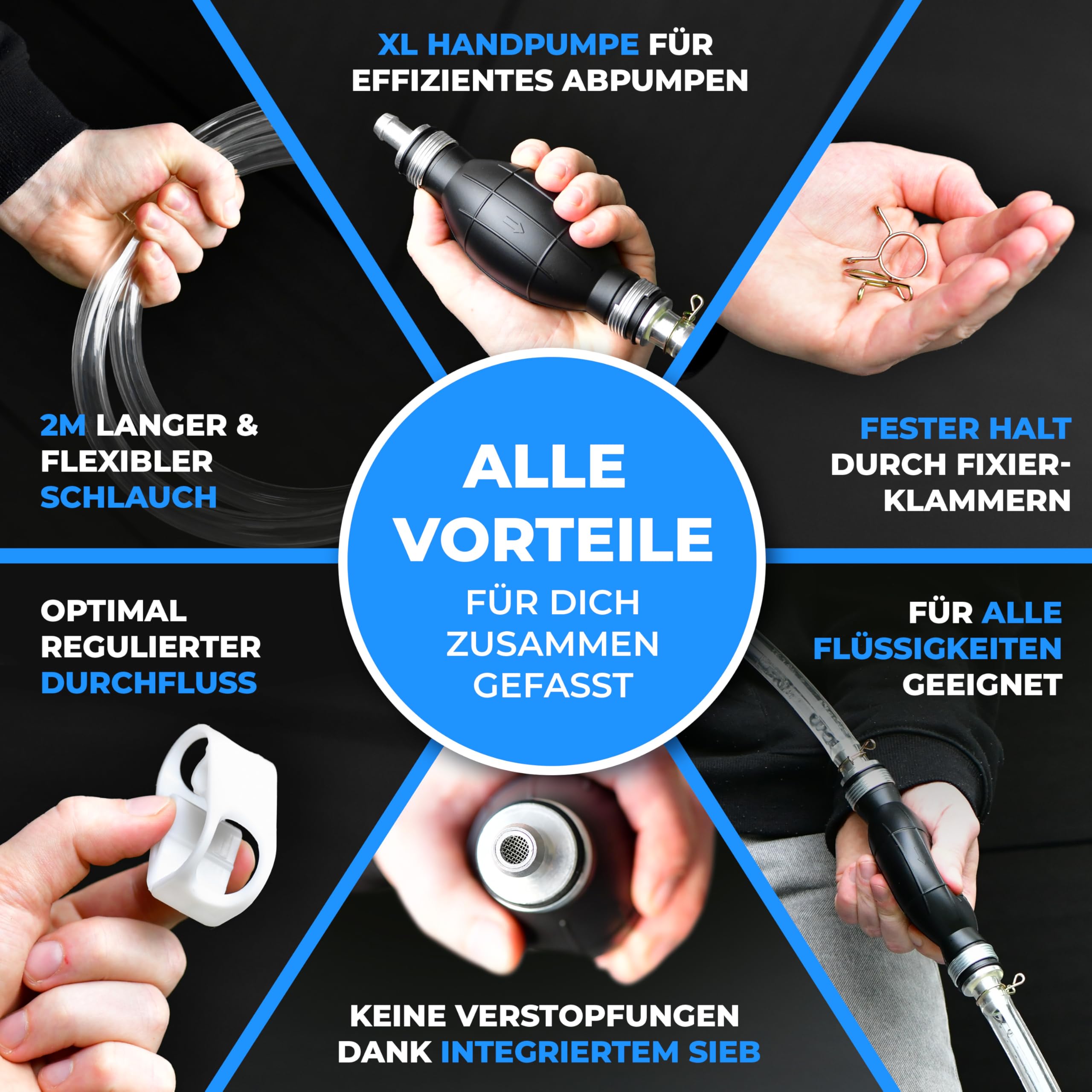 Handpumpe [2Meter] - XL Umfüllpumpe Inkl. Flüssigkeitsregler zum Umfüllen von Wasser, Benzin, Diesel und Öl - Schlauchpumpe Kraftstoffresistent mit Vakuumfunktion