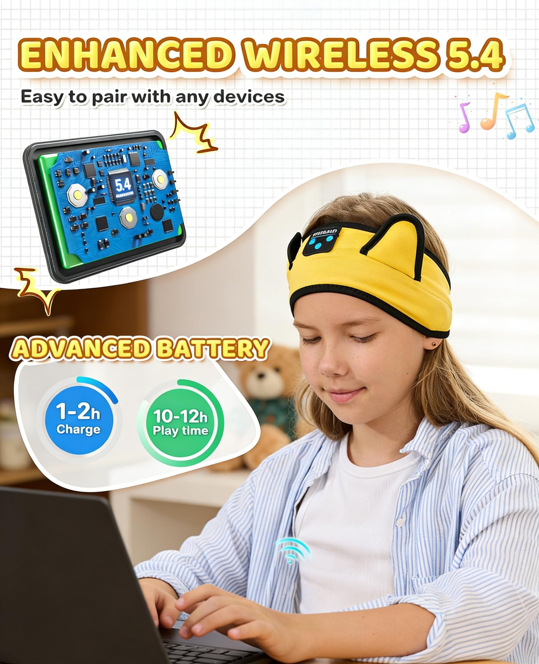 Diadema de auriculares para niños pequeños, bebés y niños, reproducción inalámbrica con Bluetooth, conector de 3,5 mm, ajuste cómodo, sin presión en las orejas, volumen seguro limitado, ajustable para