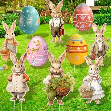 XIFAN 10 Pcs Easter Yard Decorations Outdoor, Bunny Egg Yard Signs with Stake, Spring Lawn Garden Signs Decor for Kids Family Home Outside Happy Easter Party Egg Hunt