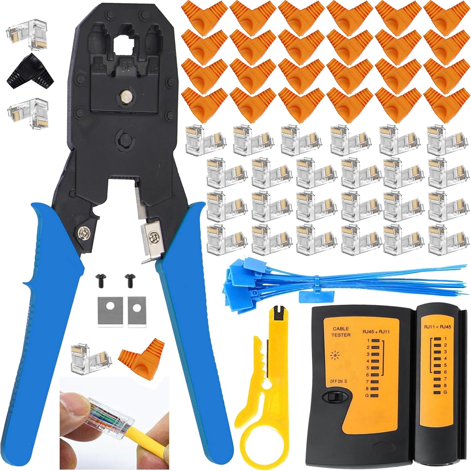 LEATBUY Crimper Cat5/Cat5e/Cat6 Crimping Tool RJ45 Crimp Tool Set for RJ11/RJ12 Pass Through for Regular End-Pass-Through with 50PCS Connectors, 50PCS Covers Network Wire Stripper(BLUE)