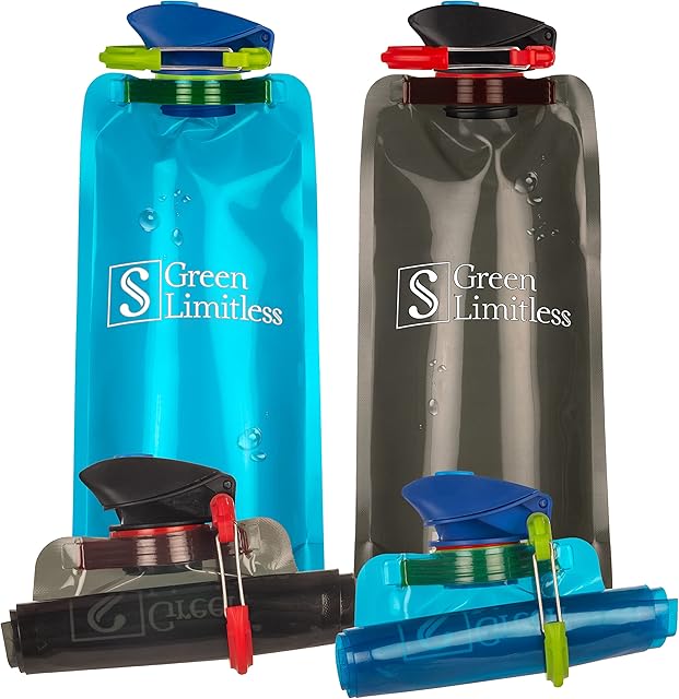 Collapsible Foldable Water Bottle Set of 4, Green Limitless Flexible Reusable BPA Free Water Bottles with Label Strip. Idea for Hiking Adventures Traveling Outdoor Sports