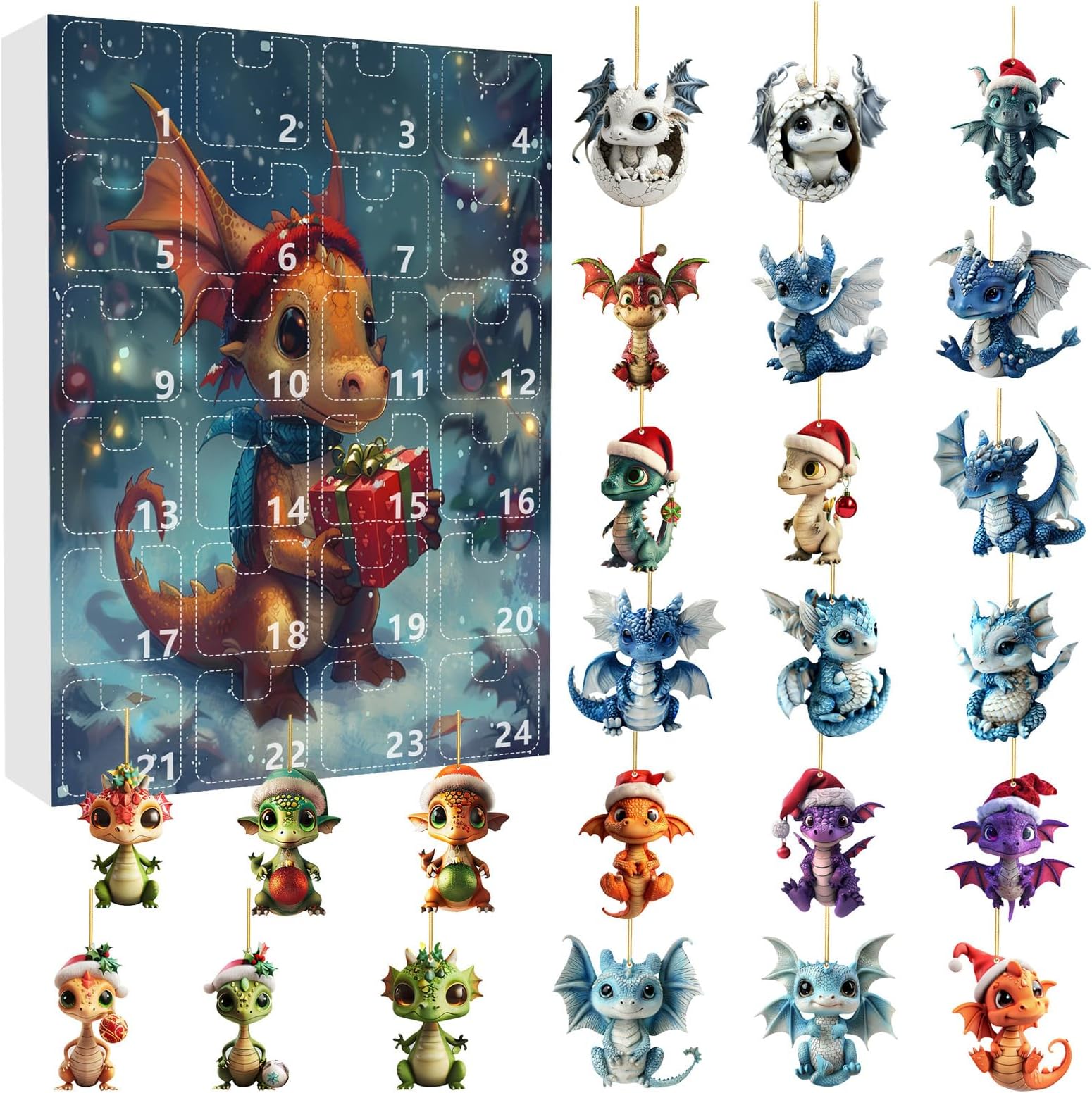 Dragon Advent Calendar, 24 Days Christmas Countdown Calendar, Dragon Advent Calendar for Children, Unique Decoration, Christmas Holiday (A)