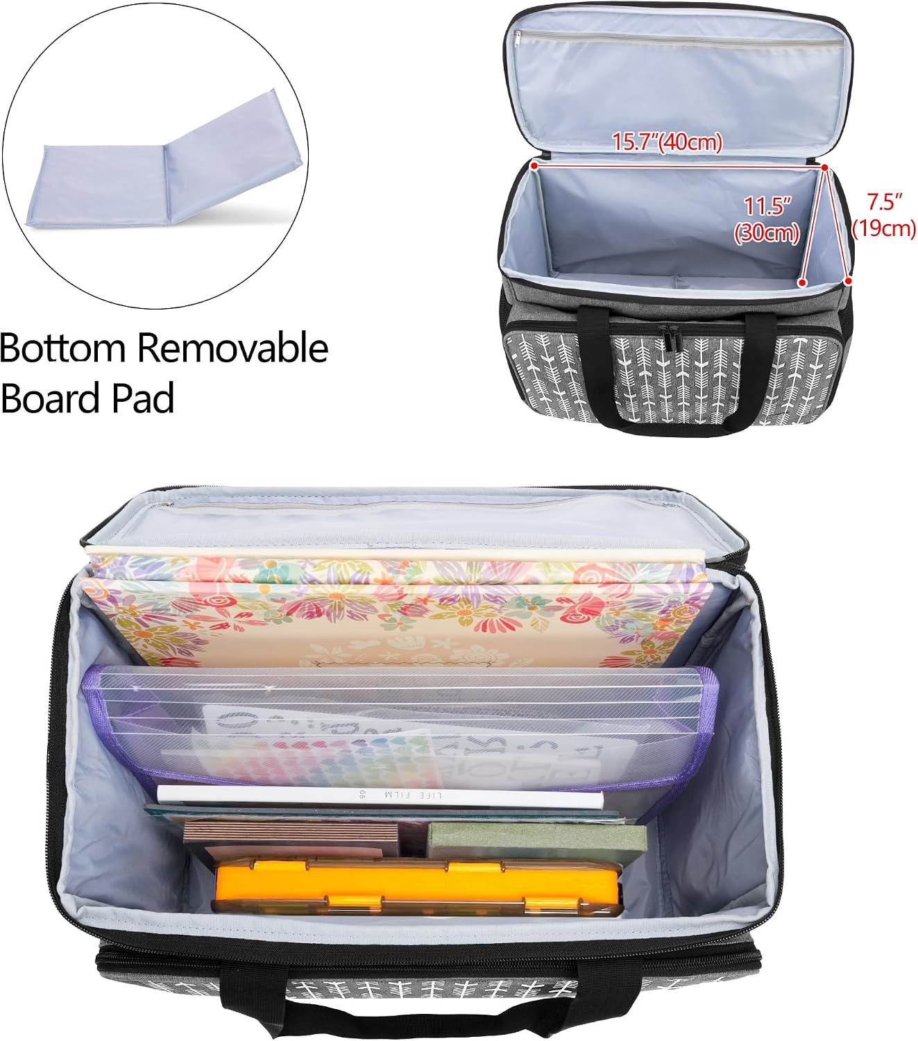Yarwo Rolling Craft Bag on Wheels 2.0, Women Craft Scrapbook Tote Bag with Detachable Trolley and Extra Bottom Board for Teaching Crafts Supplies and Tools, Rolling Teacher Cart for Women, Gray Arrow