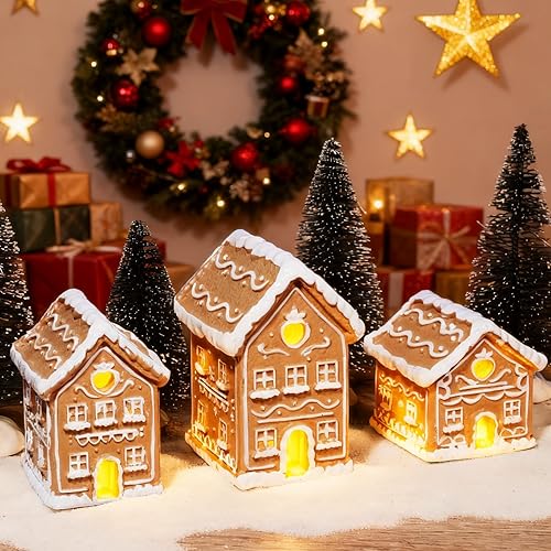Poorbone 3PCS Christmas Gingerbread House Kit, Resin Christmas Mini Village Deco