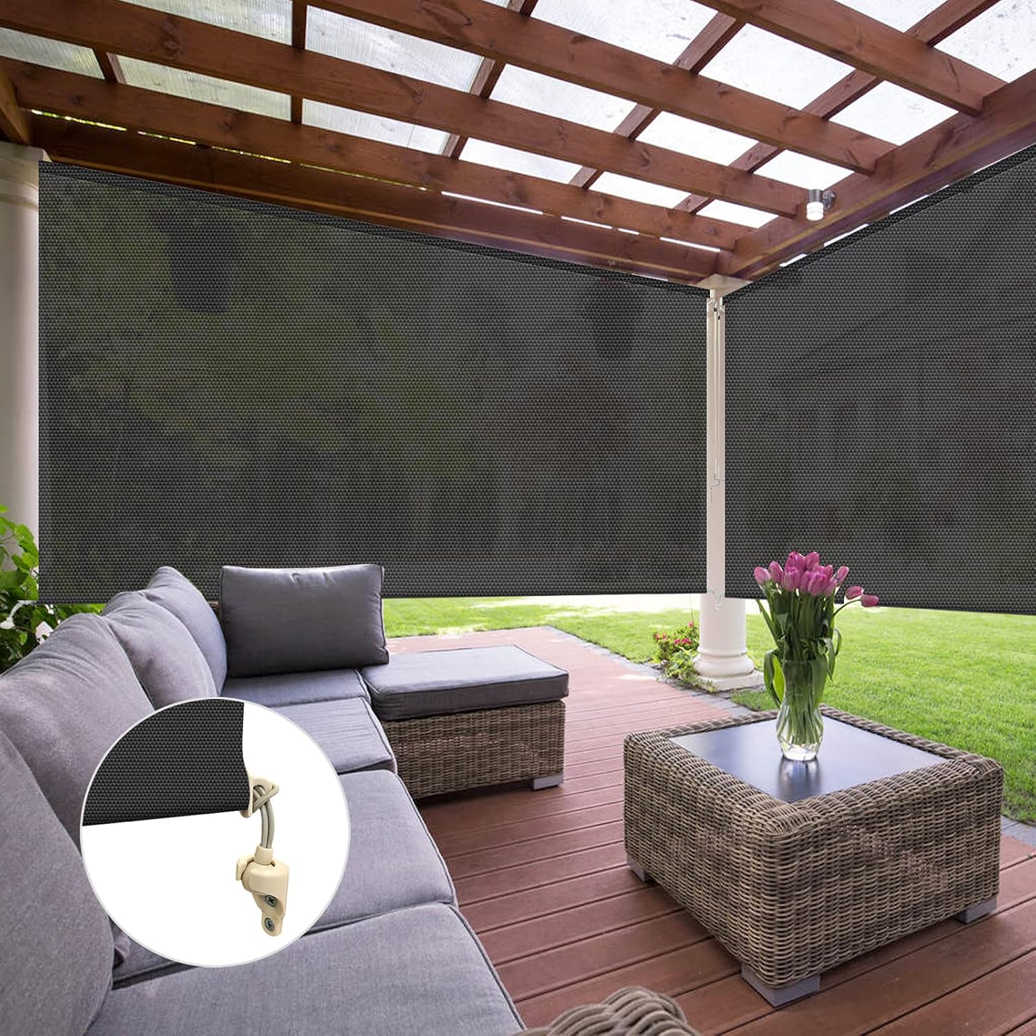 Yin Yang Outdoor Cordless Roller Shades, Black Custom Waterproof Window Blinds, Windproof UV Protectiong Light Filtering Fabric Shades for Patio, Porch, Gazebo, Deck, Balcony